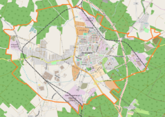 Mapa konturowa Polkowic, w centrum znajduje się punkt z opisem „Osiedle Krupińskiego”