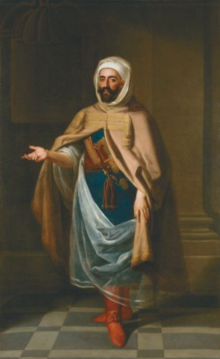portrait of his excellence Mohamed Ben Ali abgali with Al sulham, ambassadeur of king morocco to the court of saint jame.august 1725. Portrait of His Excellency Mohammed Ben Ali Abgali, Ambassador of the King of Morocco to the Court of Saint-James (August 1725 - February 1726).png