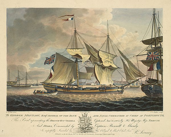 A print representing the French gun vessels captured 11 January 1804, by Tribune and Hydra and brought to Portsmouth