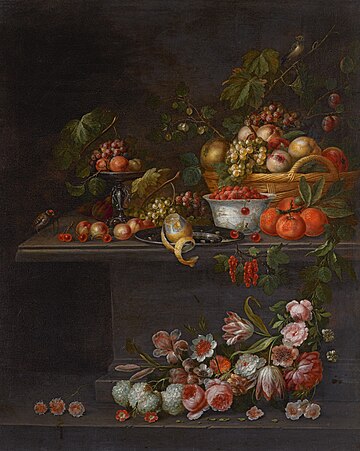 Fruit still life on a stone table with flowers below Pseudo-Simons - Fruit still life on a stone table with flowers below.jpg