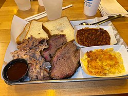 Pulled pork, brisket, baked beans and mac & cheese from Martin's BBQ in Nashville, TN