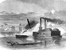 The Queen of the West rammed the CSS City of Vicksburg and set her ablaze with turpentine soaked balls fired from the forward gun Queen Vicksburg.jpg