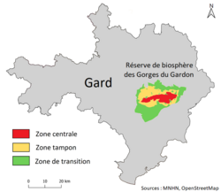 Mapa de la Reserva de la Biosfera Gargantas del Gardon en el departamento de Gard