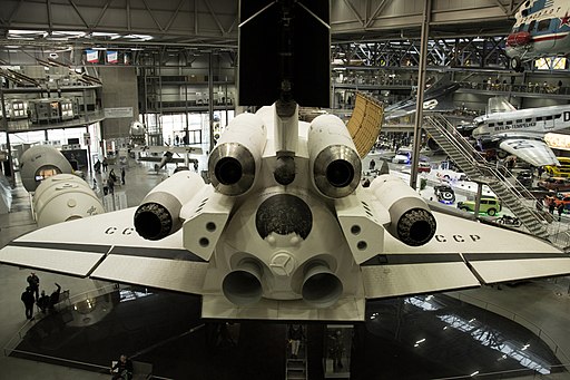 Technik-Museum Speyer. Raumfahrthalle mit der Rückseite der Raumfähre Buran OKG-LI. Rear of Space Shuttle Buran Prototype "OK-GLI"