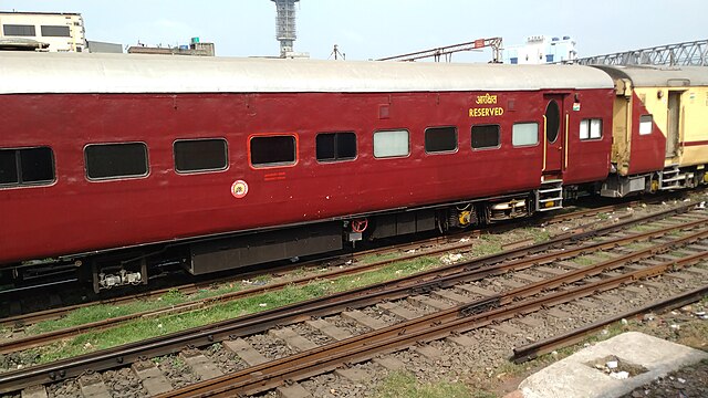 A typical red-colored ICF coach used by the Indian Railways till the late 1990s