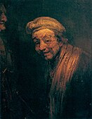 Self-Portrait as Zeuxis, c. 1662. One of 2 painted self-portraits in which Rembrandt is turned to the left.[7] Wallraf-Richartz Museum, Cologne