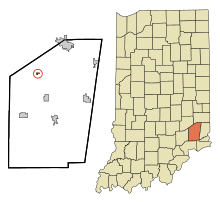 Ripley County Indiana Sisällytetyt ja rekisteröimättömät alueet Napoleon Highlighted.svg