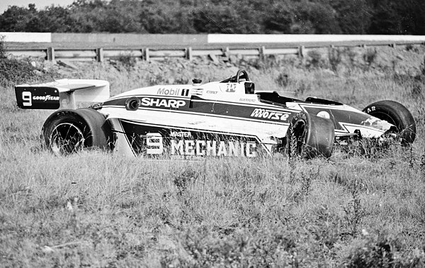 Guerrero's wrecked car at the 1984 Domino's Pizza 500 at Pocono International Raceway.