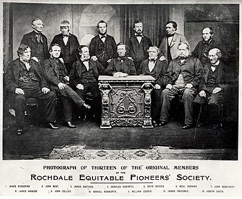 The Rochdale Society of Equitable Pioneers was established in 1844 and defined the modern cooperative movement Rochdale Society of Equitable Pioneers 1865 photograph.jpg