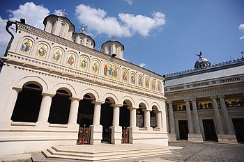 Romanian Patriarchal Cathedral in Bucharest is also the seat of Metropolis of Muntenia and Dobruja Romanian Patriarchal Cathedral, The Patriarchal Palace. Bucharest, Roamnia, Southeastern Europe.jpg