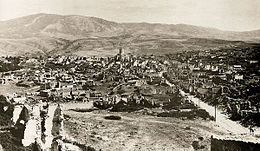 The ruins of the Armenian quarter of Shusha after destruction by the Azerbaijani army in 1920 Ruins of the Armenian part of the city of Shusha after the March 1920 pogrom by Azerbaijani armed units. In the center - church of the Holy Savior.jpg