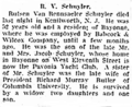 Rutsen Van Rensselaer Schuyler I (1853-1914) obituary in the Jersey Journal of Jersey City, New Jersey on August 15, 1914.png