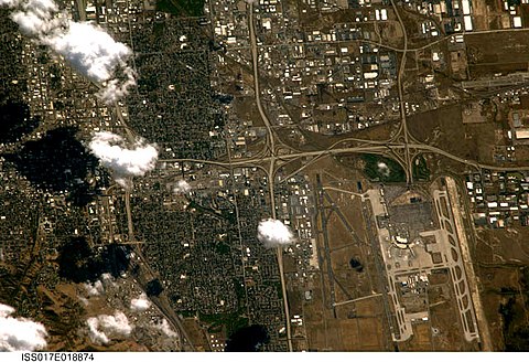 Astronaut photography of Salt Lake International Airport in west SLC, taken from the International Space Station (ISS). North is at bottom.