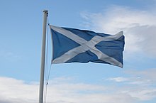 Flag with white diagonal cross on blue background flying from a pole