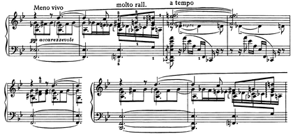 Mm. 120-124 and 134-135. Meno vivo theme. In its first appearance it is harmonised as a dominant chord. Later it is restated over a tonic pedal. Scriabin--Sonata-5-Exp3.png