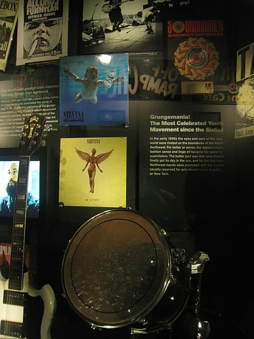 A museum exhibition about the Seattle music scene, with record sleeves of Nevermind and In Utero by Nirvana and Badmotorfinger by Soundgarden