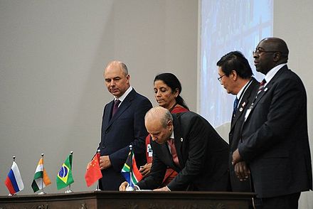 The New Development Bank (NDB) and Contingent Reserve Arrangement (CRA) were signed into treaty at the 2014 BRICS summit in Brazil.