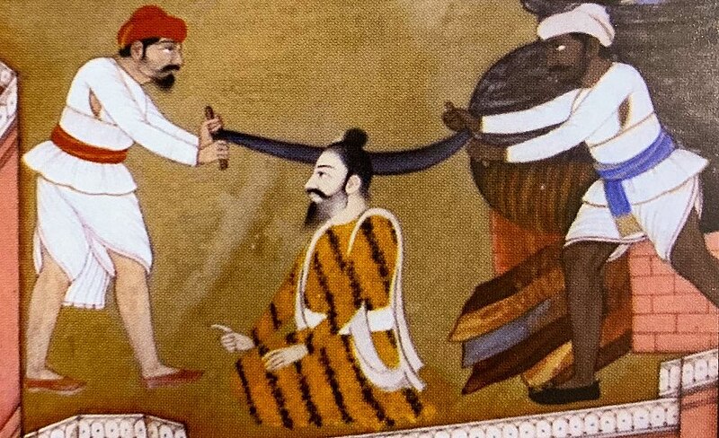 File:Sikh martyr Bhai Mati Das being executed by sawed in half while alive, detail of a painting by the court painter of the Maharaja of Nabha, circa 19th century.jpg