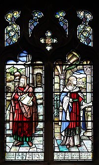 Memorial window in St Nicholas, Wallasey, to Rosa Slade (1872-1936), showing Esther and Mordecai from Esther 4:14, 16. Slade window, St Nicholas, Wallasey.jpg