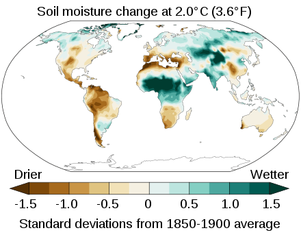 The sixth IPCC Assessment Report projects changes in average soil moisture that can disrupt agriculture and ecosystems. A reduction in soil moisture by one standard deviation means that average soil moisture will approximately match the ninth driest year between 1850 and 1900 at that location.