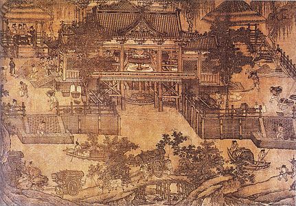 A Song dynasty watercolor painting of a mill in an oblique projection, 12th century