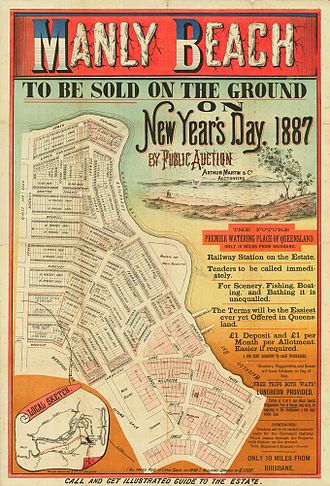 Manly Beach Estate map, 1887 StateLibQld 1 190363 Estate map of Manly Beach to be auctioned by Arthur Martin and Co. on New Year's Day in 1887.jpg