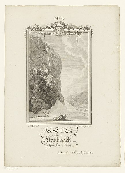 File:Staubbachwaterval in het Zwitserse Lauterbrunnental Seconde Chûte du Staubbach en hyver, de sa droite (titel op object), RP-P-1944-2556.jpg