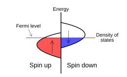 A schematic band structure for the Stoner model of ferromagnetism. An exchange interaction has split the energy of states with different spins, and states near the Fermi energy EF are spin-polarized. Stoner model of ferromagnetism.svg