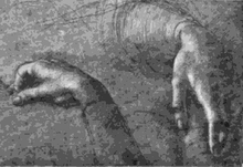 black and white reproduction of chalk drawing of two hands