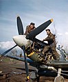 Údržba motoru Merlin stíhačky Supermarine Spitfire v Itálii roku 1944