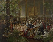 The wedding of Princess Louise and the Duke of Fife in an 1890 painting by Sydney Prior Hall. Sydney Prior Hall (1842-1922) - The Marriage of Princess Louise of Wales with the Duke of Fife at Buckingham Palace, 27th July 1889 - RCIN 404460 - Royal Collection.jpg