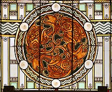 Round stain-glass windows with stylized design of goldfish Terme berzieri, interno, vetrate della manifattura chini 09.jpg