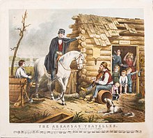 "The Arkansas Traveller. Designed by one of the natives and dedicated to Col. S. C. Faulkner." Lithograph after a painting by Edward Washburn (1830-1861), lithographed by Leopold Grozelier (1830-1865) and hand-colored, printed, and published by J. H. Bufford's, Boston, 1859. The Arkansas Traveller. Designed by one of the natives and dedicated to Col. S. C. Faulkner, 1859.jpg