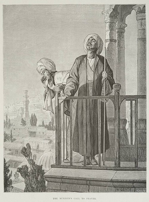 An orientalist depiction of the muezzin's call to prayer from the balcony of a minaret, 1878. Usually only one muezzin chants the azan from the balcon