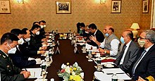 India and China hold high-level talks on 4 September 2020, Moscow The Union Minister for Defence, Shri Rajnath Singh in a meeting with his Chinese counterpart General Wei Fenghe.jpg