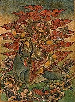 Thumbnail for File:Tibet 18th-century yellow deity and consort on yak bull art, Nyingma Buddhist or Bon Ritual Card - LACMA AC1998.253.1 (cropped).jpg