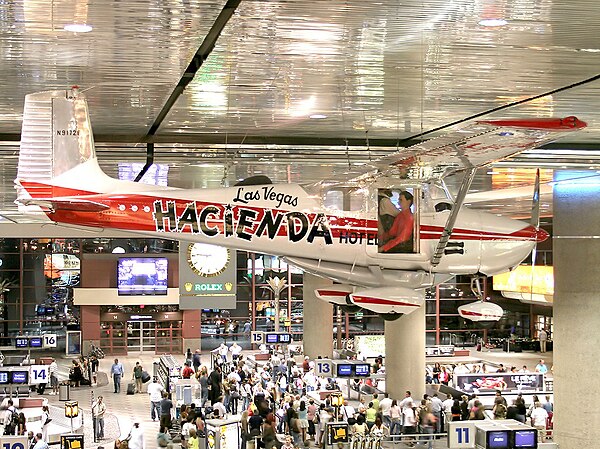 The Cessna 172 sponsored by the Hacienda, on display at the Harry Reid International Airport.