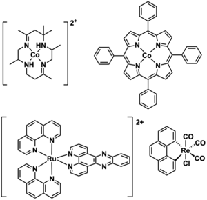 Examples of transition metal complexes that serve as homogeneous electrocatalysts. and. Transition Metal Complex Electrocatalysts.png