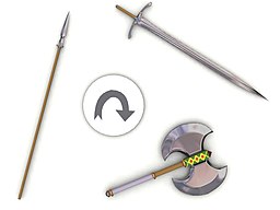 Image représentant une épée, une lance et une hache.