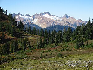 View from the south flank of Mount Baker towards Twin Sisters Mountain