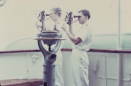 Two nautical ship officers "shoot" in one morning with the sextant, the Sun altitude (1963).