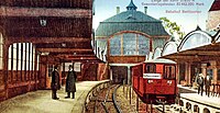 Kolorierte Ansichtskarte des U-Bahnhofs Berliner Tor in Hamburg mit Angabe von Streckenlänge und Projektkosten, 1912