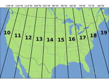 Simplified view of contiguous US UTM zones, projected with Lambert conformal conic. Utm-zones-USA.svg