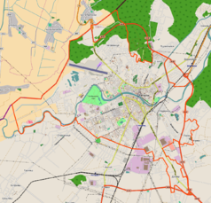 Mapa konturowa Użhorodu, blisko centrum na prawo u góry znajduje się punkt z opisem „Użhorodzki Uniwersytet Narodowy”