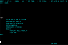 The CMS editor on VM/370, editing a COBOL program source file VM370 Rel 6 editor.png
