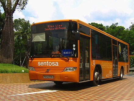 A retired Volvo B7RLE on the Blue Line. Buses currently serve as the main means of getting to and around Sentosa. It is fitted with Twin Vision EDS.