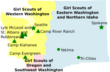 Kart over Girl Scout Councils i Washington