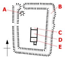 Plan of the castle: A - ice house; B - moat; C - service block; D - hall; E - chamber block Weeting Castle plan.png