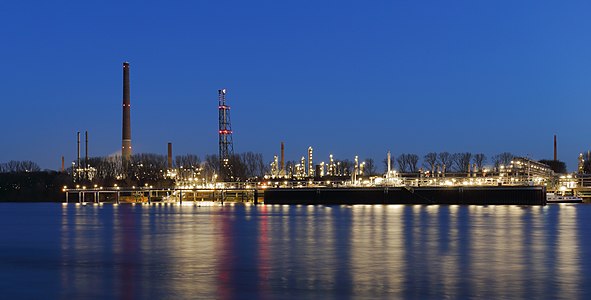 Rheinland Raffinerie Werk Süd, Wesseling, Germany, during blue hour.