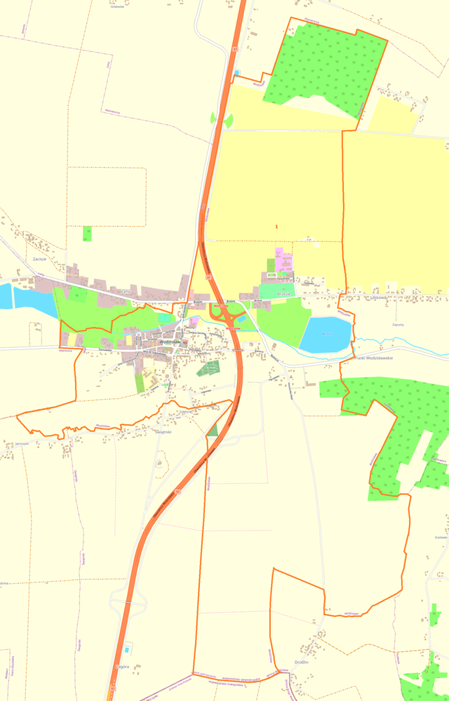 Mapa konturowa Wodzisława, w centrum znajduje się punkt z opisem „Kościół Świętego Marcina w Wodzisławiu”